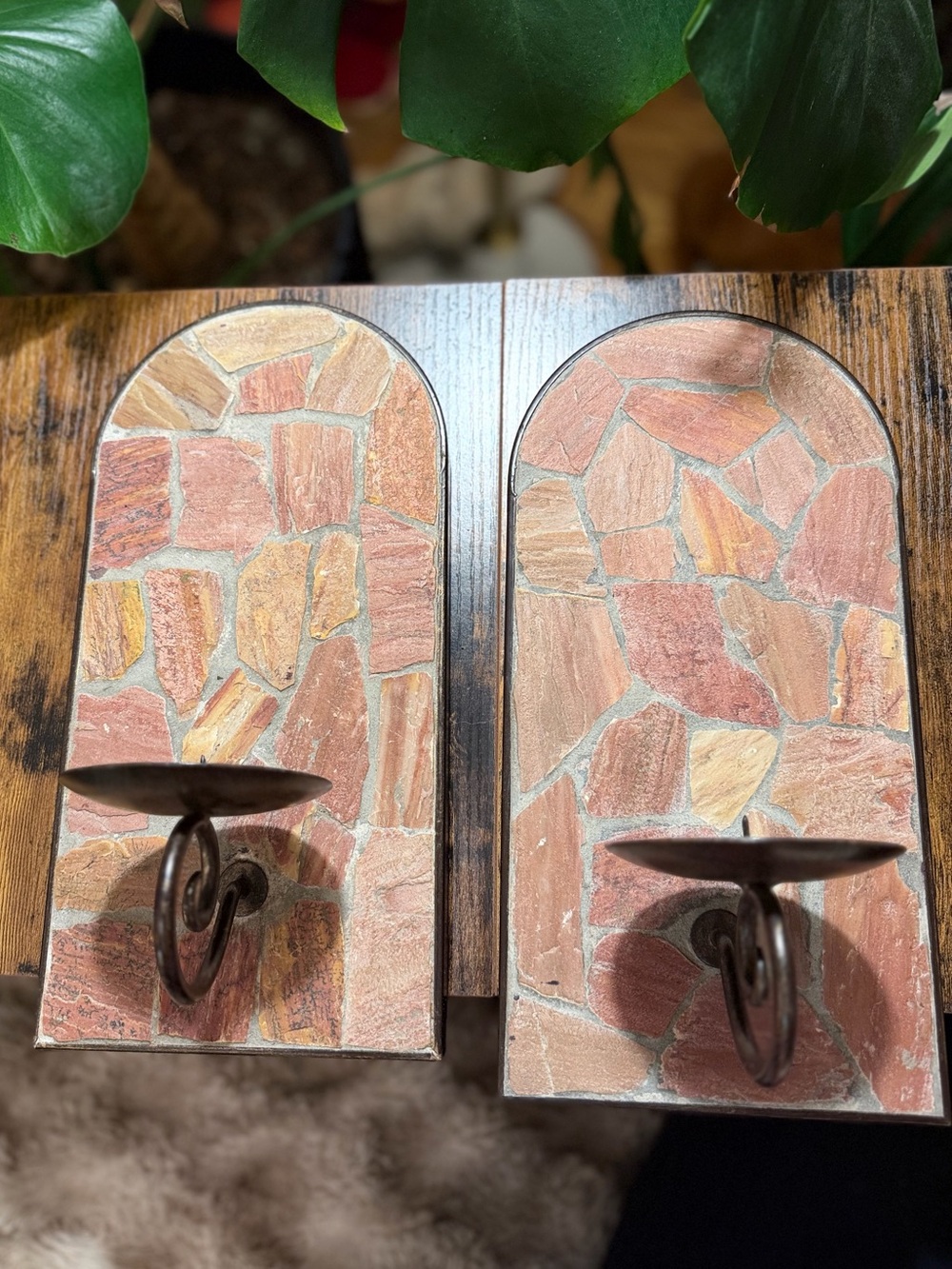 Pair Mosaic Stone Wall Candle Sconces Tuscan Mediterranean Decor